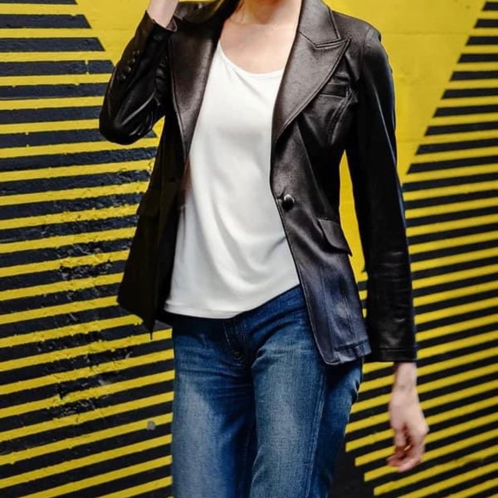 Clara Sun Woo Black Liquid Leather Blazer